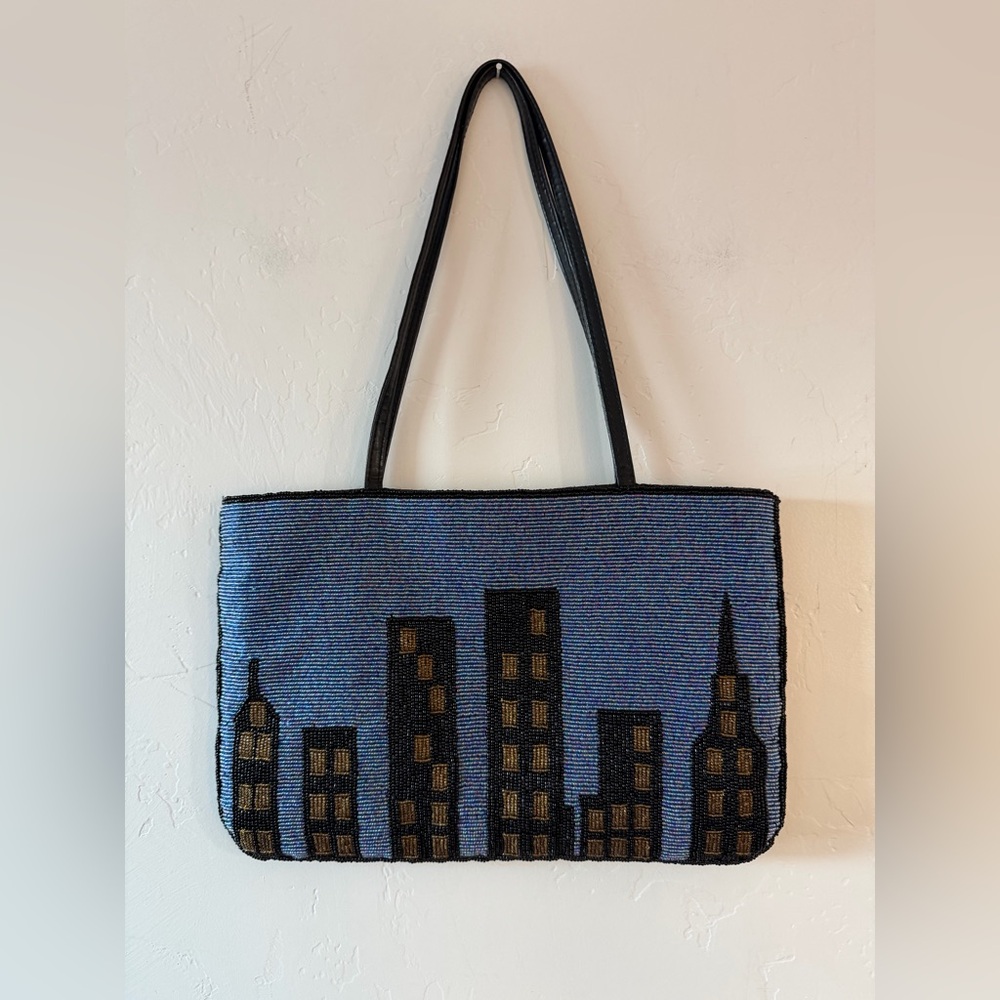 Black and Blue Beaded City Scape Shoulder Bag